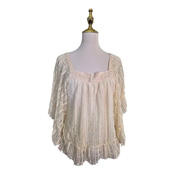 NY Collection Womens Sz M Cream Lace Lined Short Sleeve Back Button Blouse Sheer - Picture 1 of 8